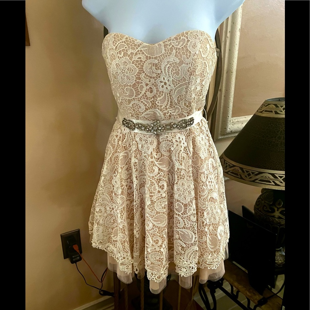 Camille La Vie Cocktail Floral Lace Strapless Dress with Rhinestone Belt